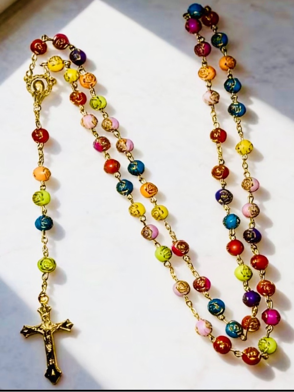 Mystical Rose Beads Rosary Necklace Catholic Virgin Mary Protection Prayer